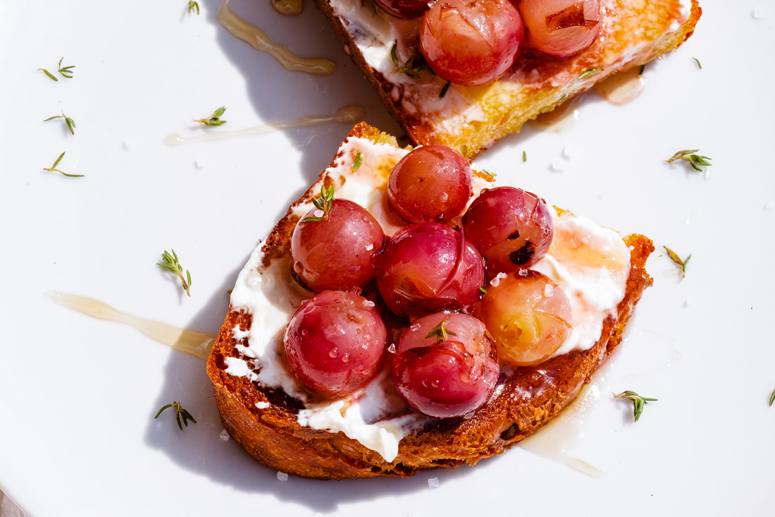 Ricotta toast with blasted grapes